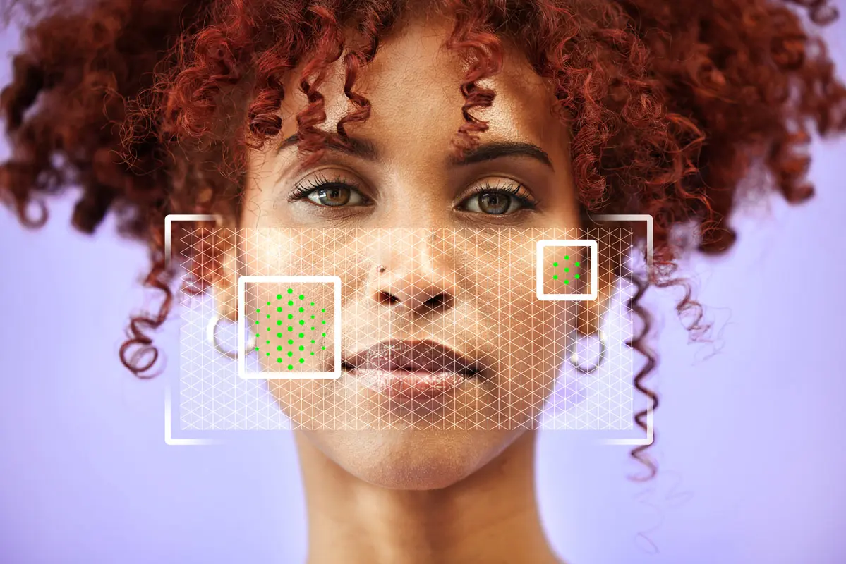 Dermatology, skincare and portrait of woman with overlay isolated in a studio purple background for wellness. Beauty, care and person with analysis of skin, product benefits and facial information
